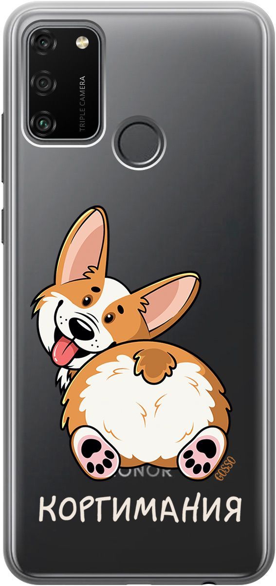 

Силиконовый чехол на Honor 9A с 3D принтом "CorgiMania" прозрачный, 1679