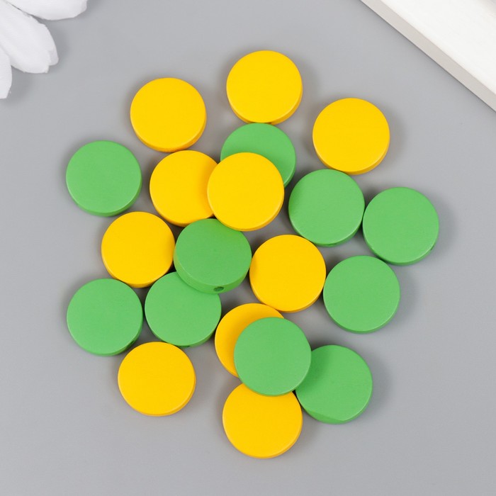 фото Бусины для творчества дерево "плоский круг" набор 20 шт жёлтый, зелёный 0,4х1,5х1,5 см арт узор