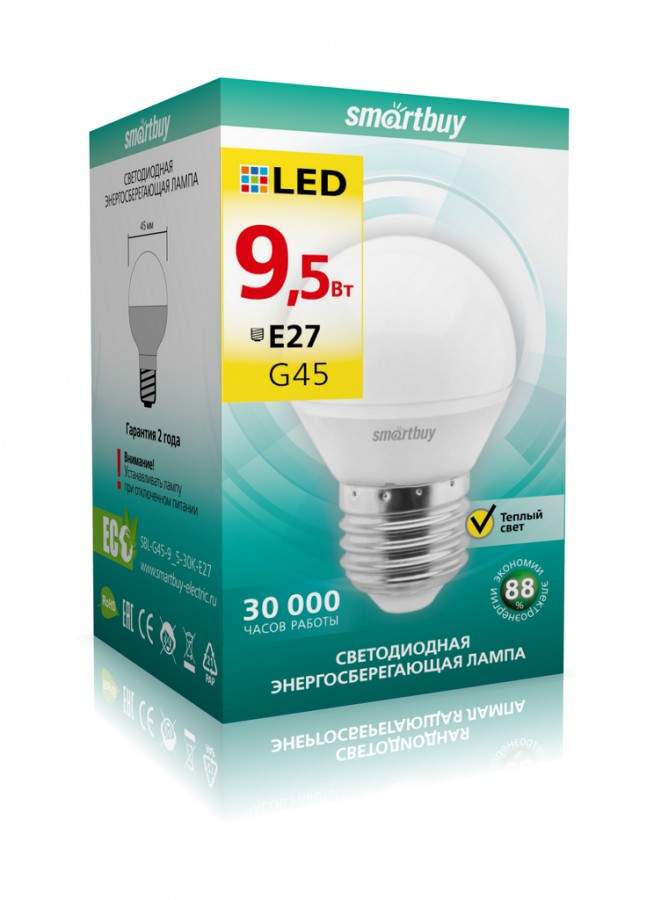

Лампа светодиодная SMARTBUY, E27, 9,5W, 3000K, "Шар", арт. 692552 - (10 шт.)