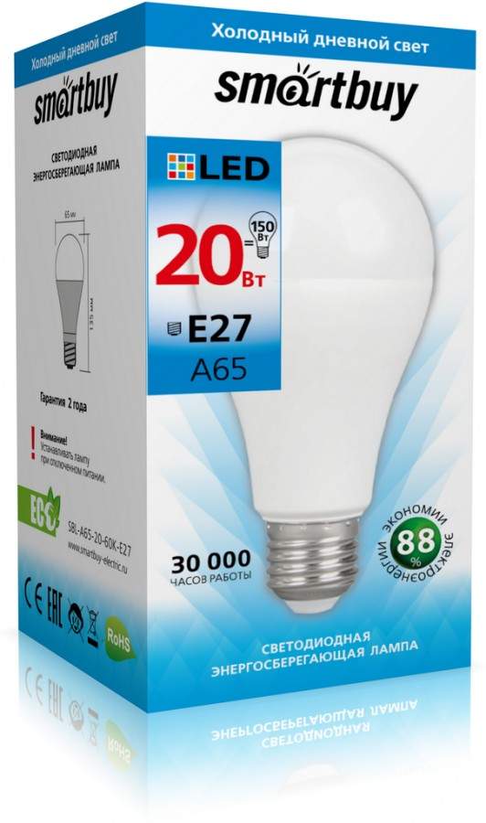 

Лампа светодиодная SMARTBUY, E27, 20W, 6000K, ЛОН ("груша"), арт. 692465 - (10 шт.)