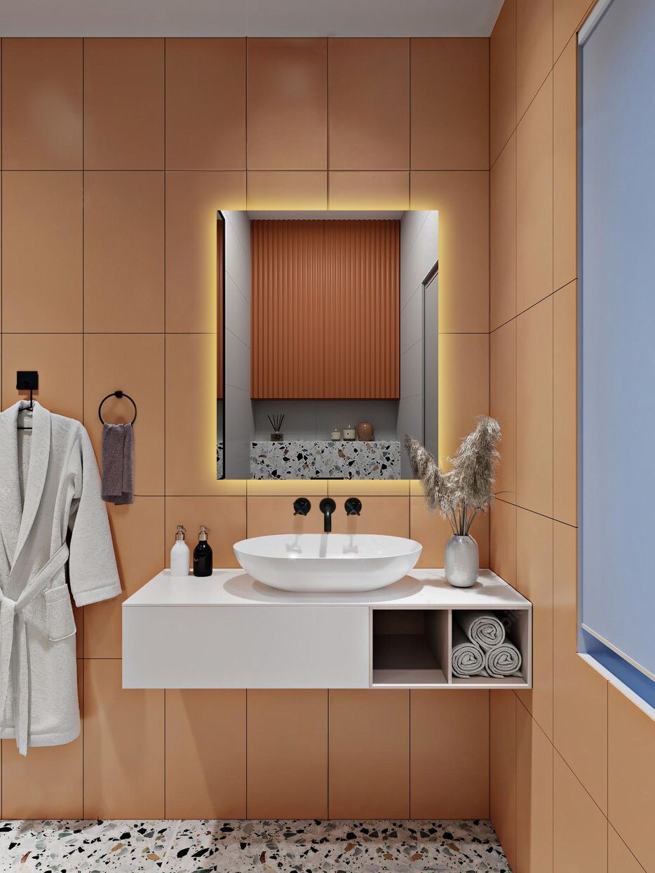 Зеркало для ванной Qwerty 90*70 вертикальное с тёплой LED-подсветкой постер зеркальное море 40x50 см 2 шт