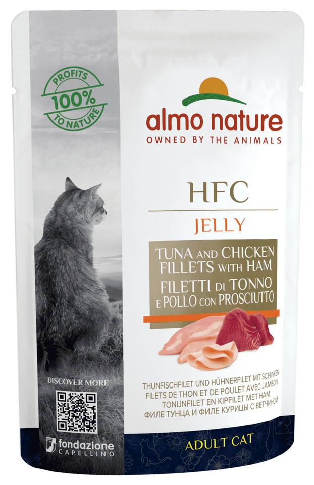 

Влажный корм для кошек Almo Nature HFC Jelly, тунец, курица и ветчина в желе, 24x55 г