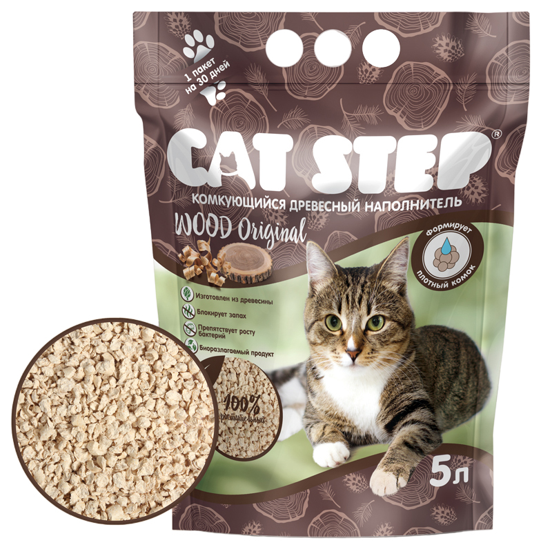 Комкующийся наполнитель Cat Step Wood Original древесный, 2,3 кг, 5 л