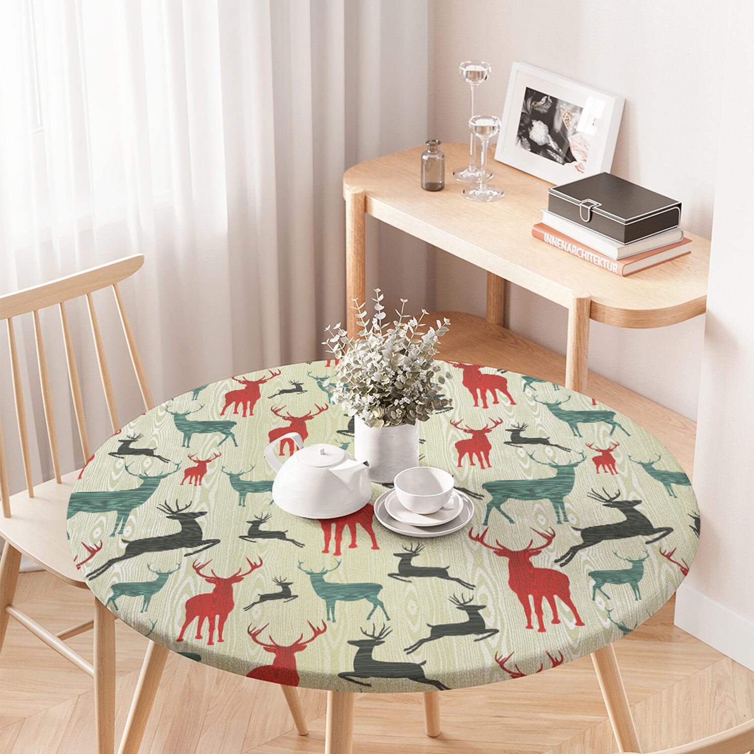 

Скатерть на кухонный стол JoyArty "Новогодние олени" круглая на резинке диаметр 75-100см, Бежевый, Новогодние олени
