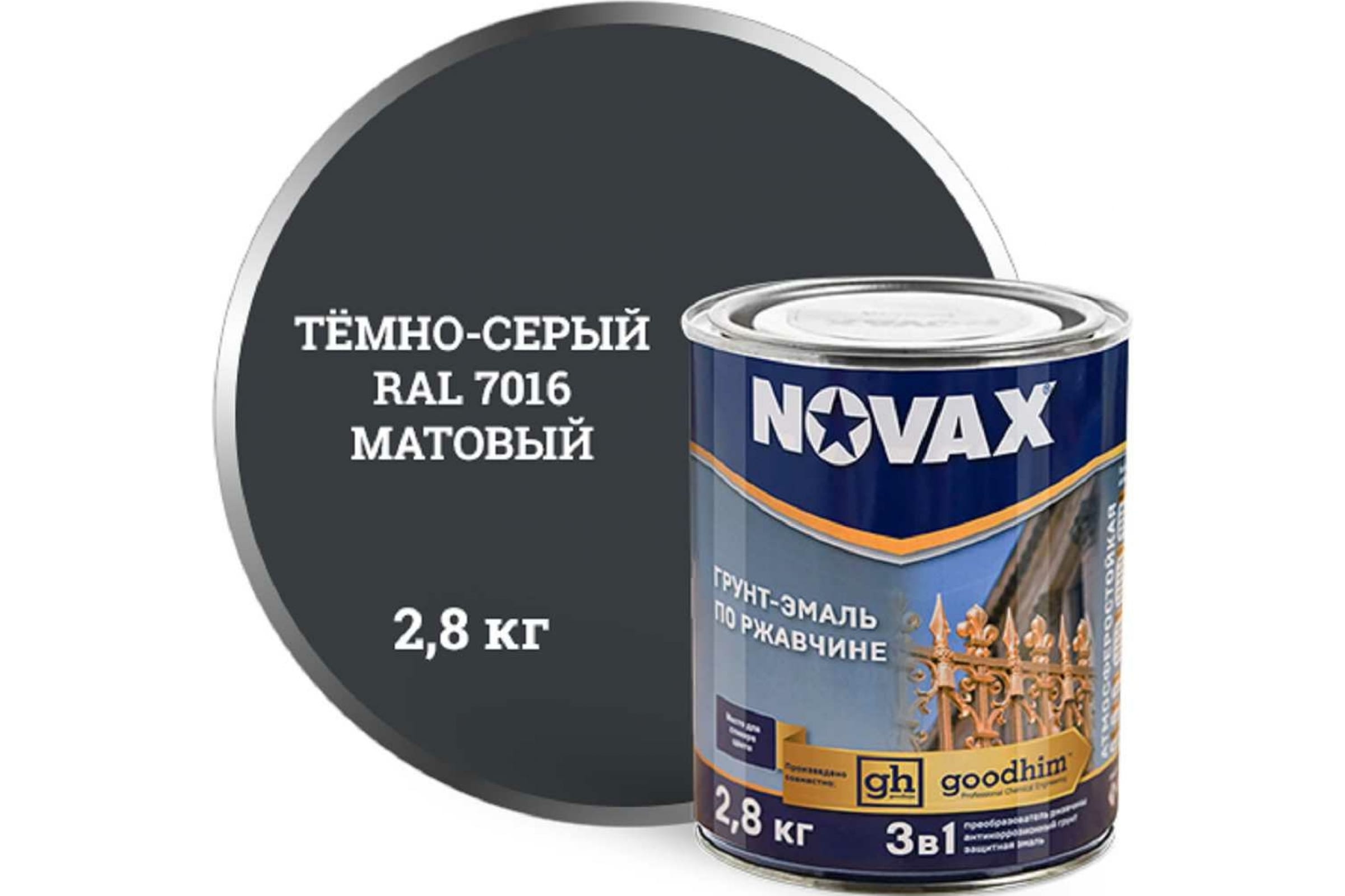 Goodhim Грунт Эмаль 3в1 novax темно-серый RAL 7016 матовая, 3 л. 11035 грунт эмаль goodhim novax 3в1 темно зеленый ral 6026 матовая 2 8 кг 11028