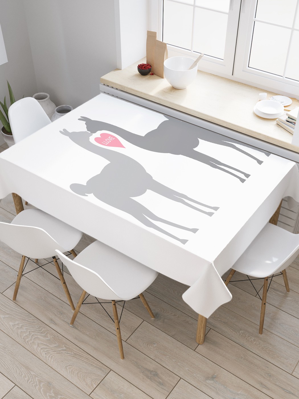 

Скатерть прямоугольная JoyArty "Любовь среди лам" из сатена, 180x145 см, Белый, Любовь среди лам