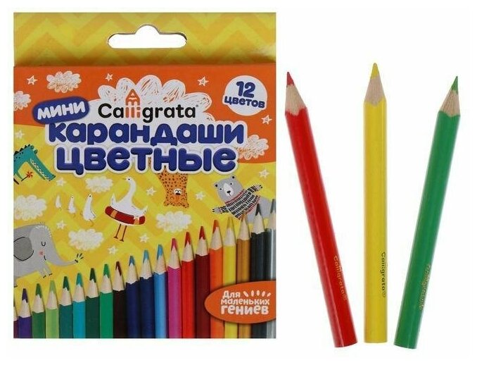 

Карандаши цветные 12 цветов МИНИ корпус деревянный треугольный, Разноцветные