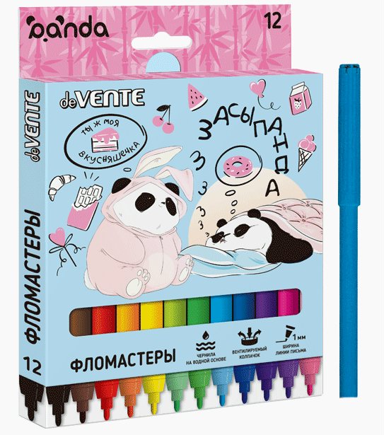 

Фломастеры deVENTE 12 цветов Panda вентиляционный колпачок картонная упаковка, Разноцветный, 1748949