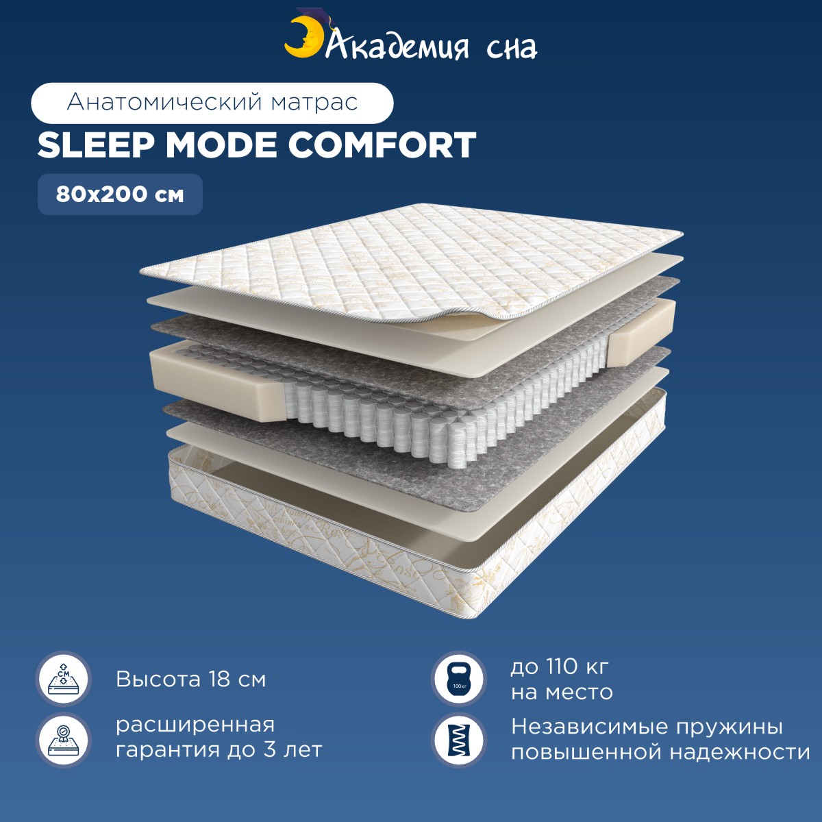 

Матрас Академия сна Sleep Mode Comfort 80x200, Белый, Sleep Mode Comfort