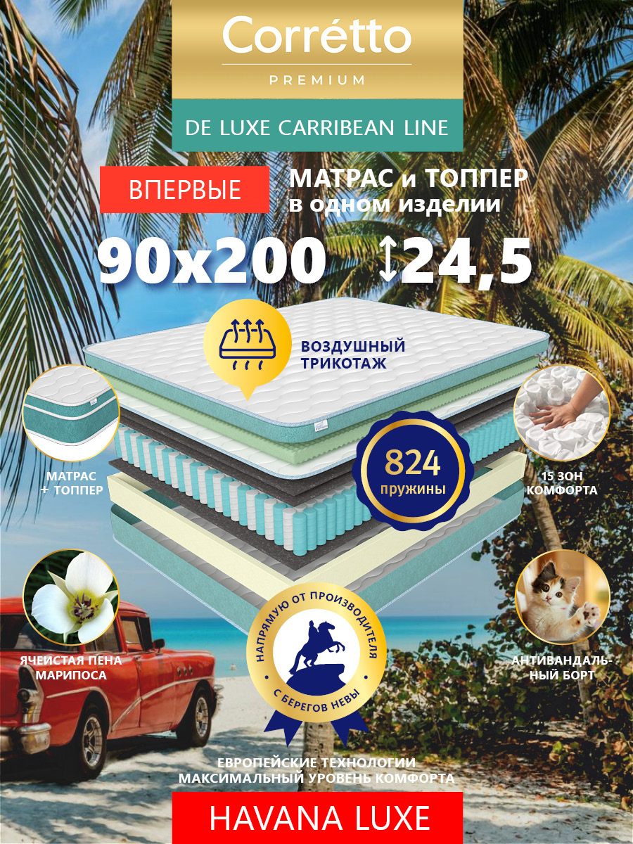 

Матрас пружинный Corretto De Luxe Carribean Line LUXE HAVANA LUXE 200*90, Голубой, Havana Luxe 200*90