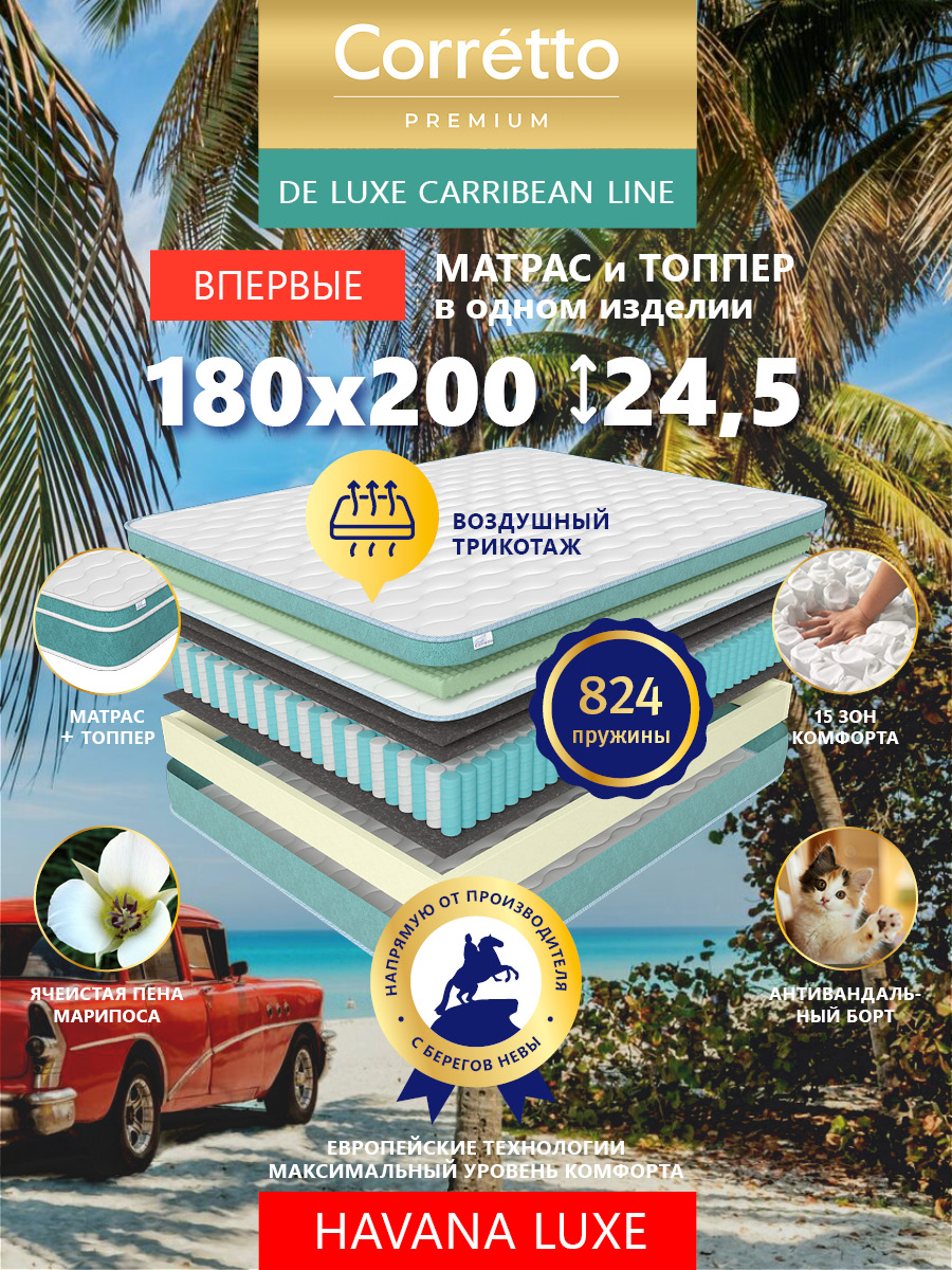 

Матрас пружинный Corretto De Luxe Carribean Line LUXE HAVANA LUXE 200*180, Голубой, Havana Luxe 200*180