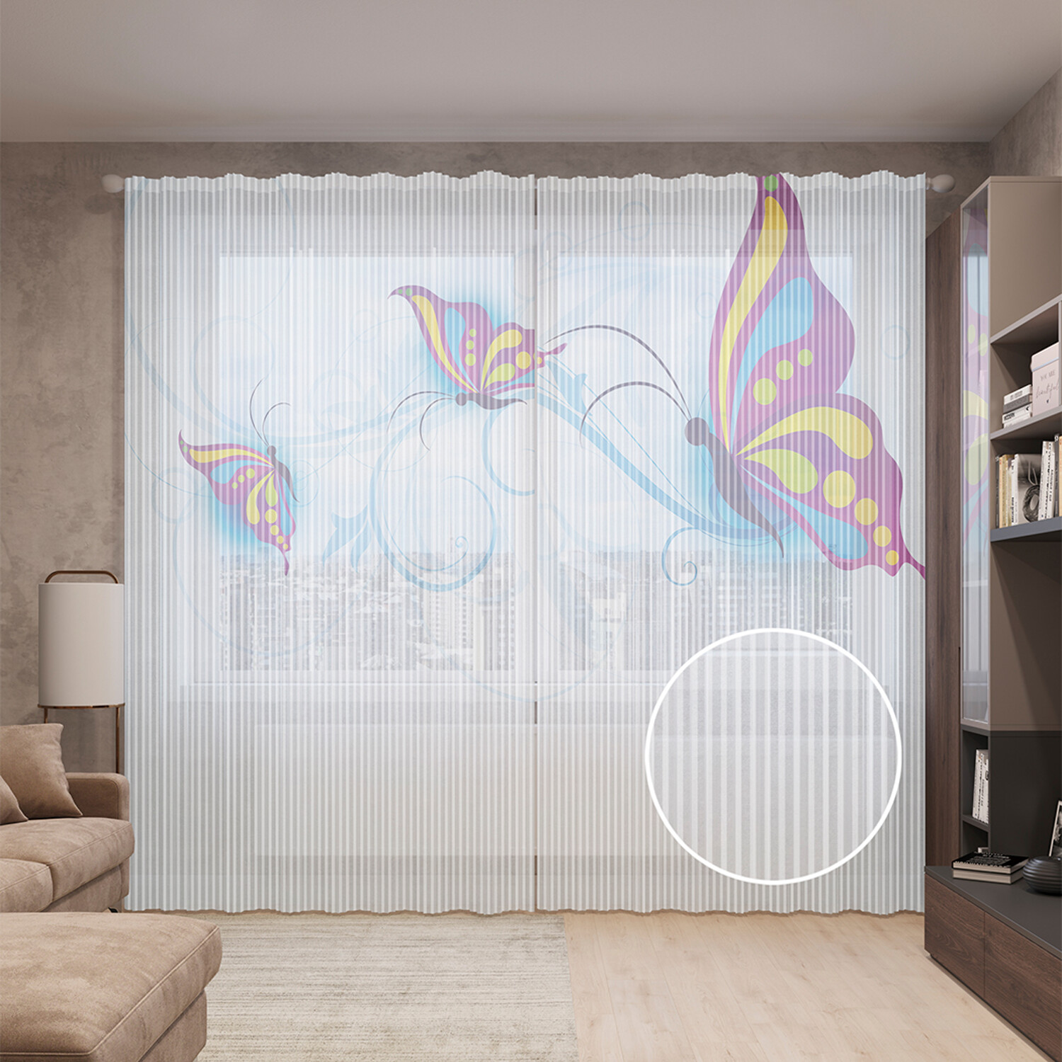фото Тюль вуаль на шторной ленте с принтом joyarty "радужные бабочки", 310х265 см