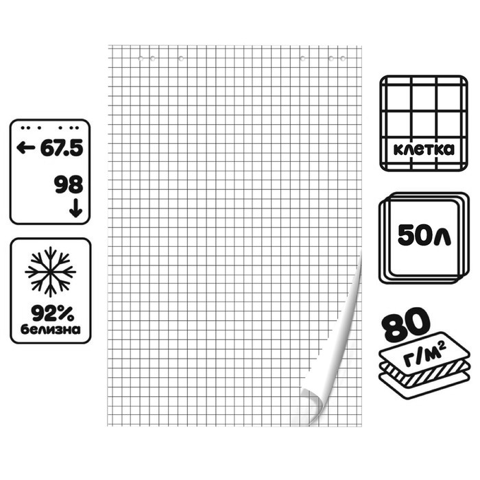 

Блокнот для флипчарта Calligrata 67,5 х 98 см, 50 листов в клетку, Белый