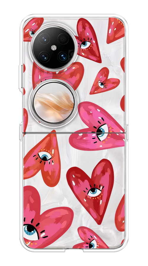 

Чехол на Huawei Pocket 2 "Сердечки с глазами", Коричневый;красный;розовый, 6123850-1