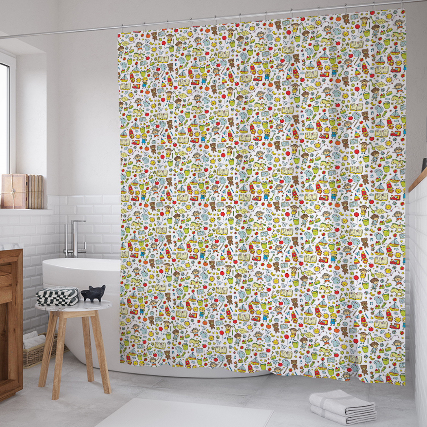 

Штора для ванной JoyArty "Веселое детство" из сатена, 180х200 см с крючками, Бежевый, Веселое детство