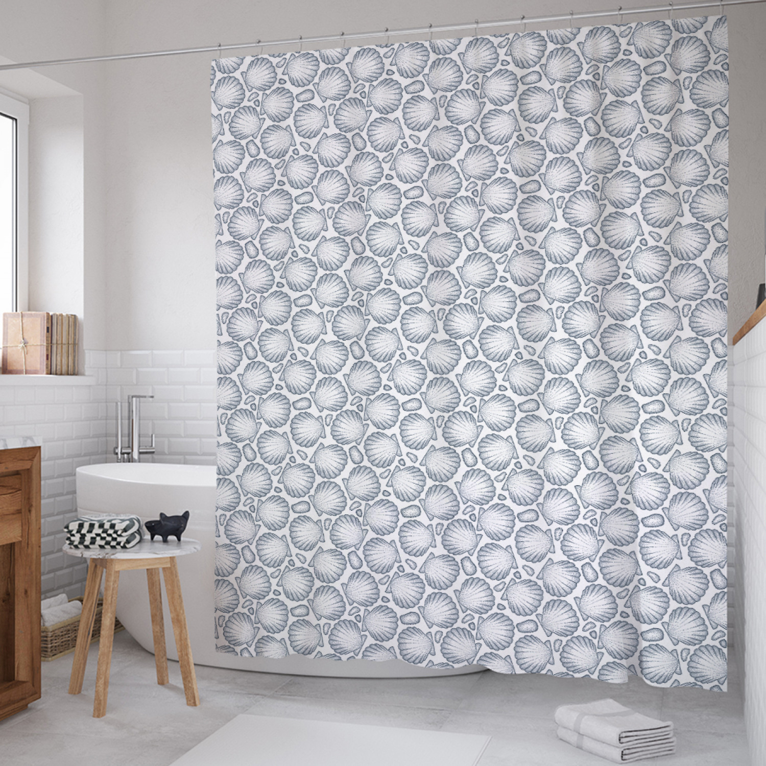 

Штора для ванной JoyArty "Ракушки моно" из сатена, 180х200 см с крючками, Серый, Ракушки моно