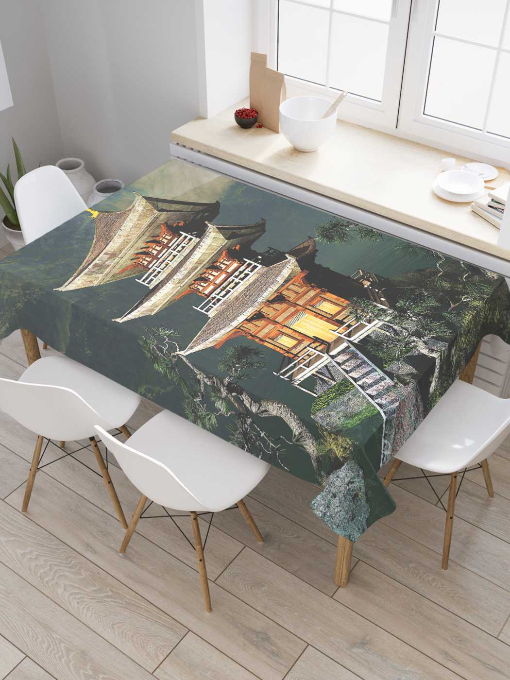 

Скатерть прямоугольная JoyArty "Многоярусная пагода" из оксфорда, 180x145 см, Коричневый, Многоярусная пагода