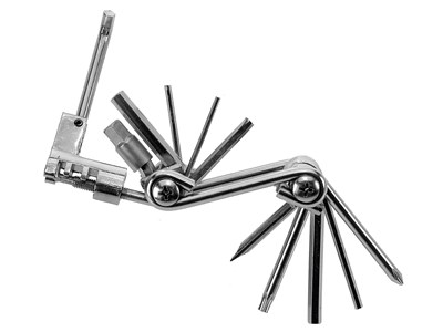Складной набор инструментов 11 функций (включая выжимку цепи), в индивидуальной упаковке.