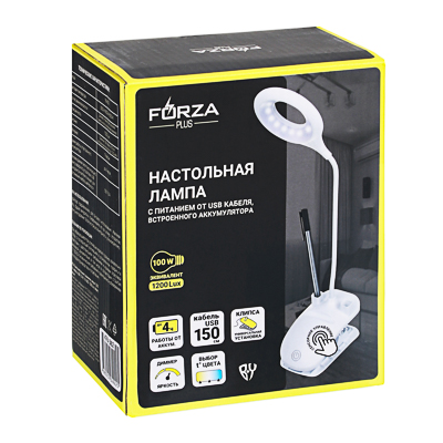 FORZA Лампа настольная, 16 LED, питание USB, с зажимом, кабель 1.5м, 1200Lux