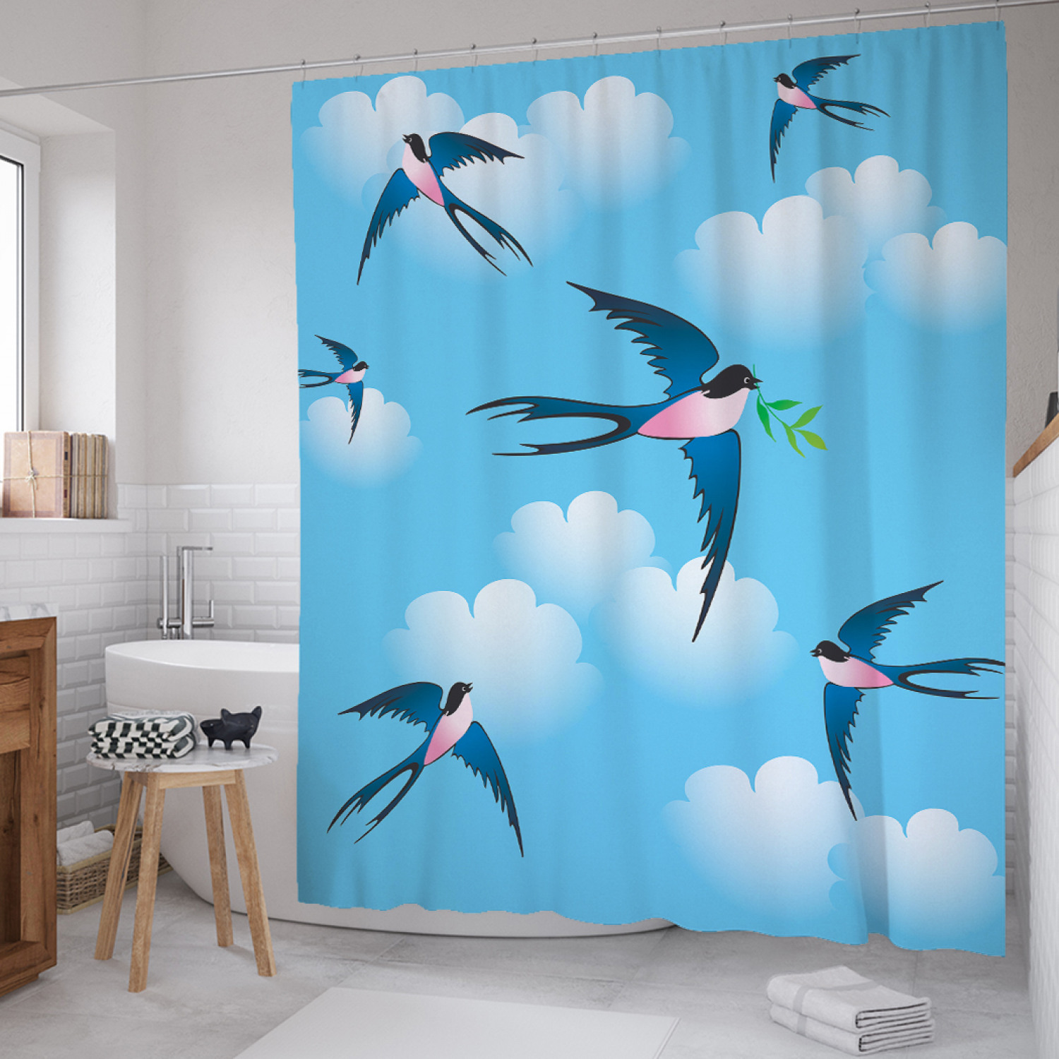 

Штора для ванной JoyArty "Стрижи в небе" из сатена, 180х200 см с крючками, Голубой, Стрижи в небе