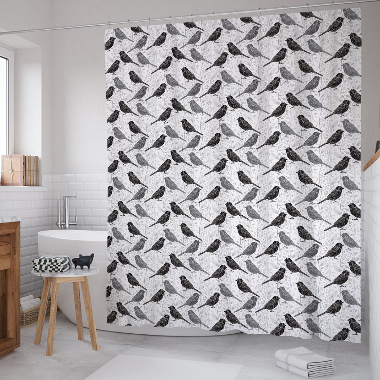 фото Штора для ванной joyarty "текстурные птицы" из сатена, 180х200 см с крючками