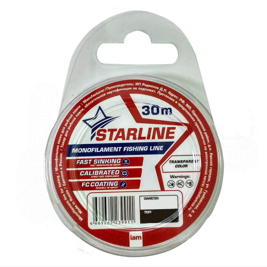

Монофильная леска Starline 30 м (transparent) d 0,105 мм, Прозрачный, Transparent