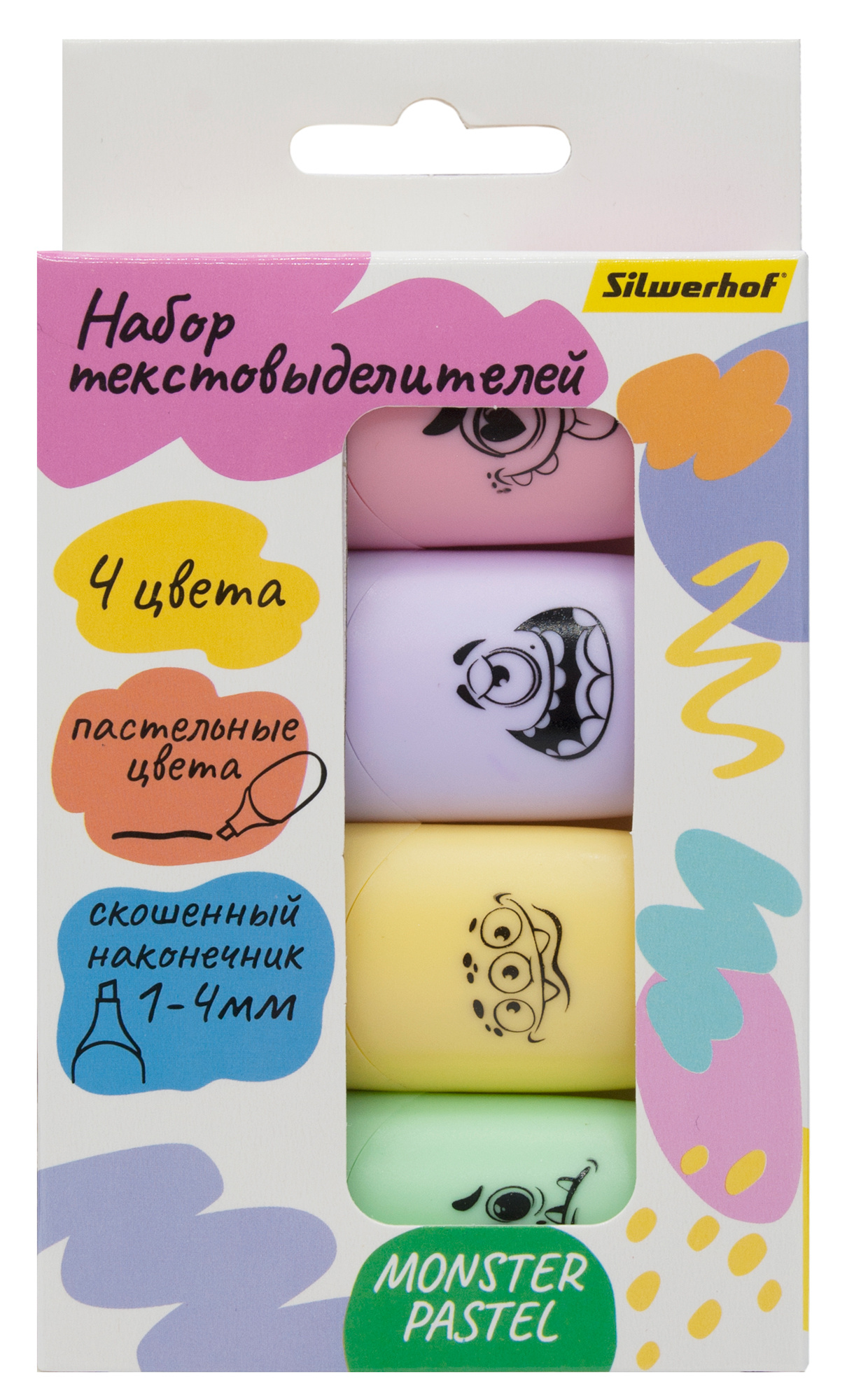 Набор текстовыделителей Silwerhof Monster Pastel 1-4мм 4цв. коробка с европодвесом, 12шт.