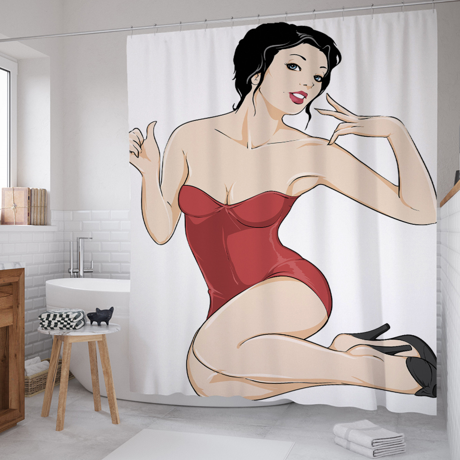 фото Штора для ванной joyarty "слитный купальник" из сатена, 180х200 см с крючками