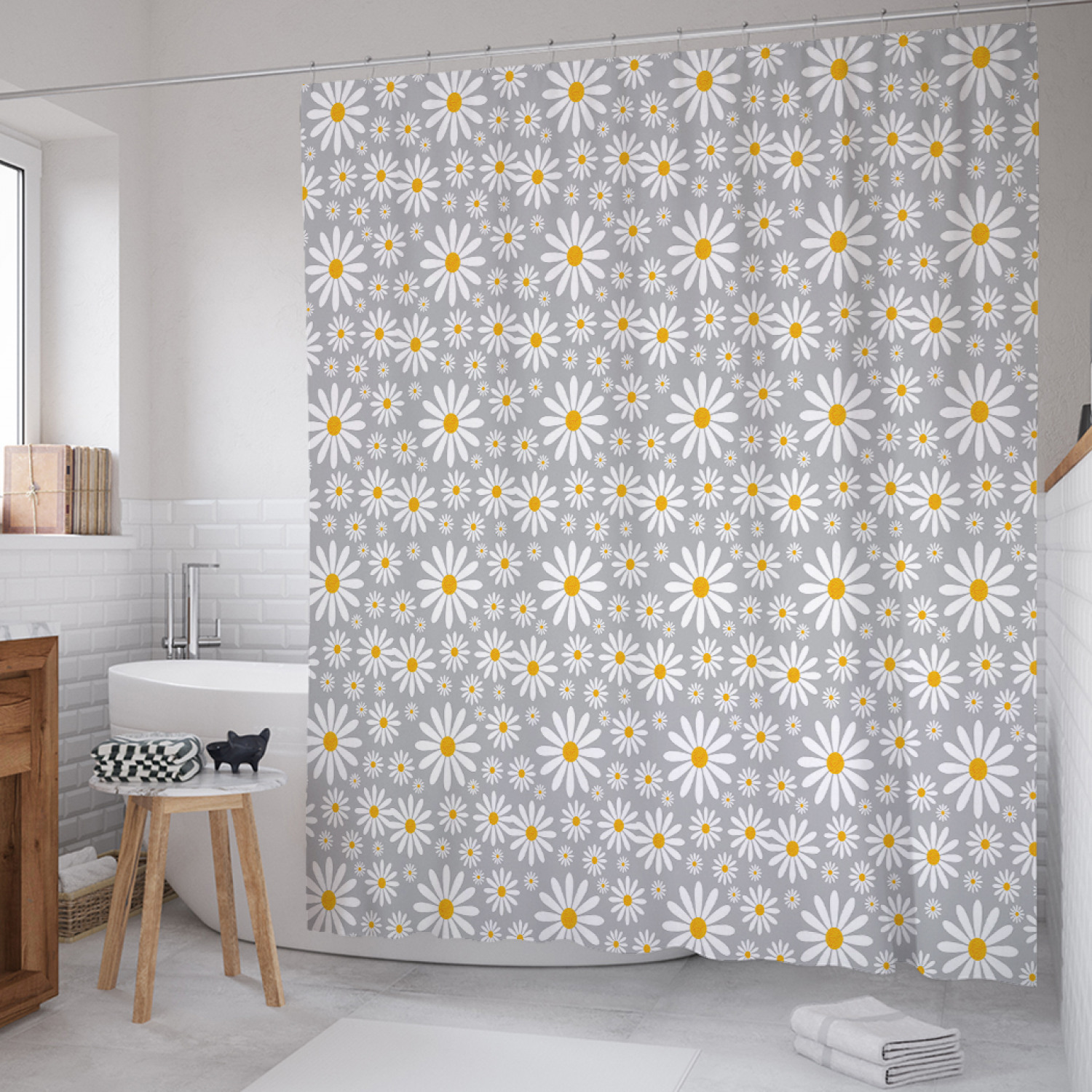 

Штора для ванной JoyArty "Паттерн ромашек" из сатена, 180х200 см с крючками, Белый, Паттерн ромашек