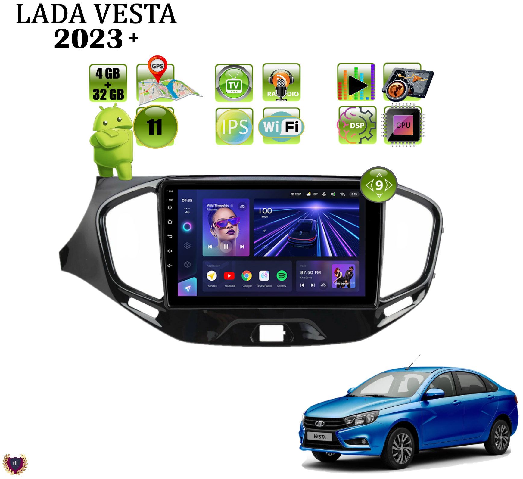 Автомагнитола Podofo для Lada Vesta 2023+, Android 11, 4/32Gb, Wi-Fi, GPS ,IPS , Bluetooth