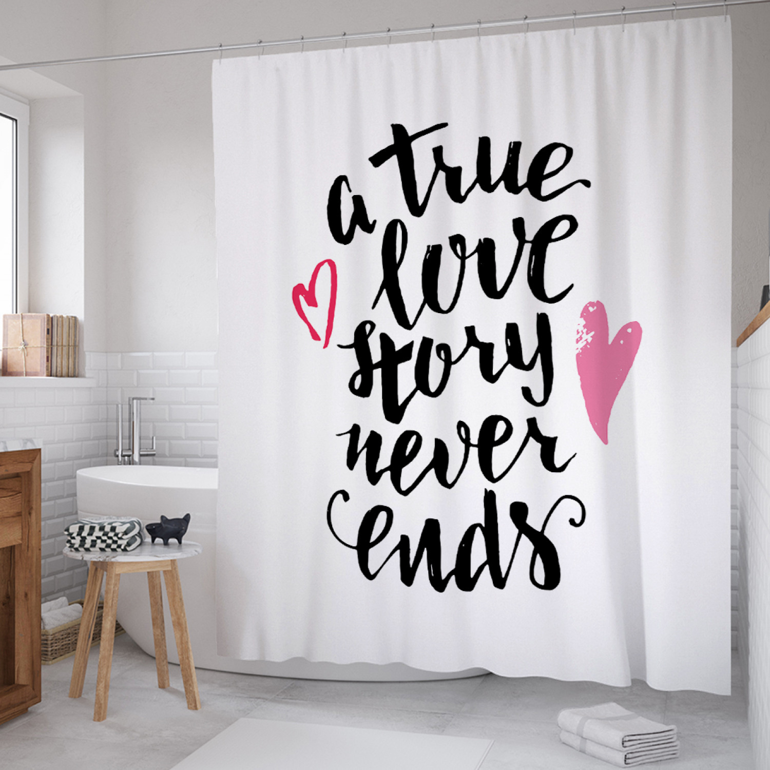 

Штора для ванной JoyArty "Настоящая любовь не заканчивается" из сатена, 180х200 см, Белый, Настоящая любовь не заканчивается