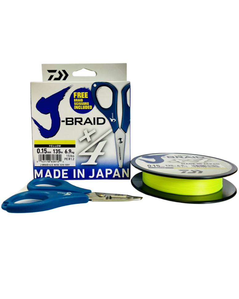 фото Шнур плетеный daiwa j-braid х4 135 m желтый с ножницами (0.13 mm/ 5.9 kg)