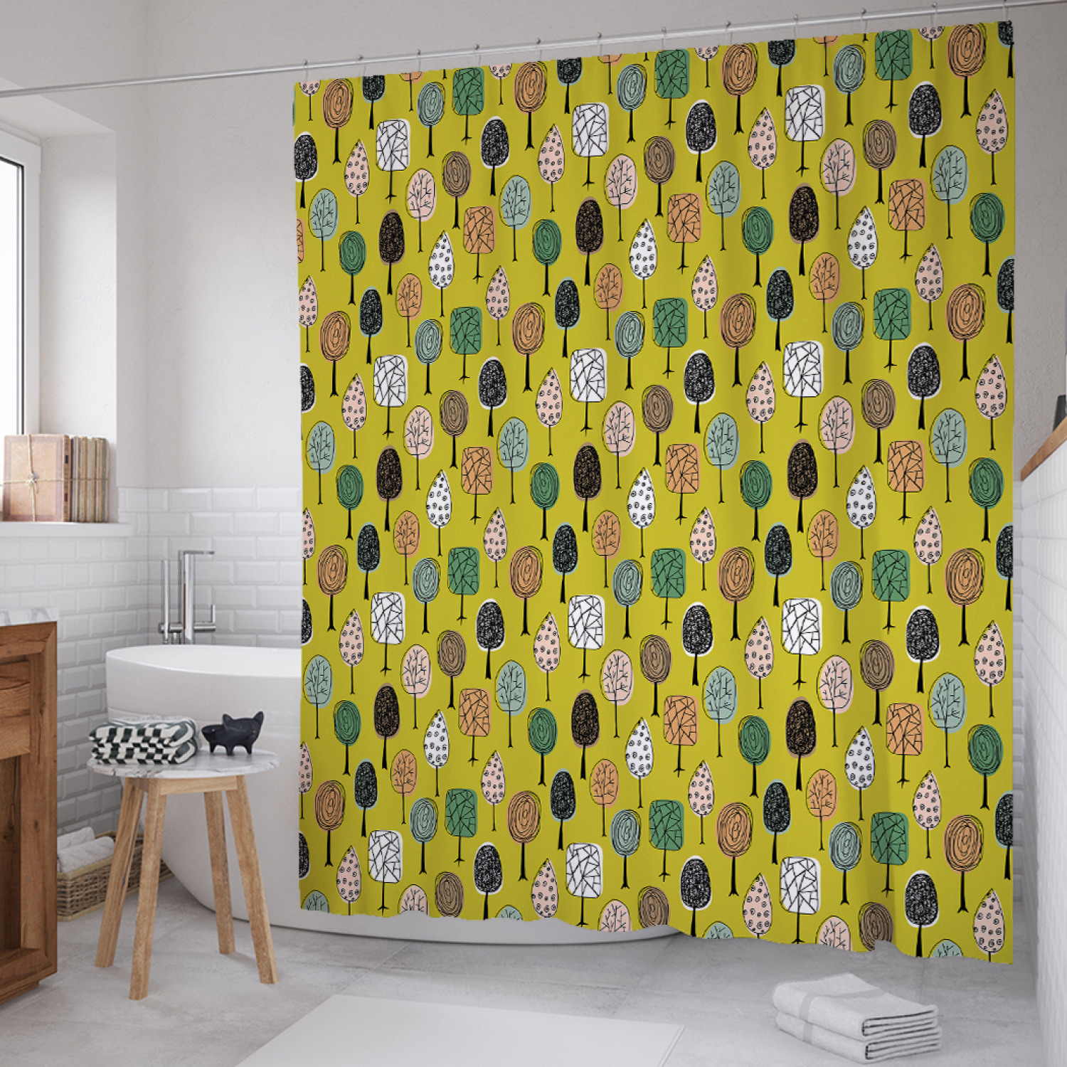

Штора для ванной JoyArty "Разрисованный лес наив" из сатена, 180х200 см с крючками, Желтый, Разрисованный лес наив
