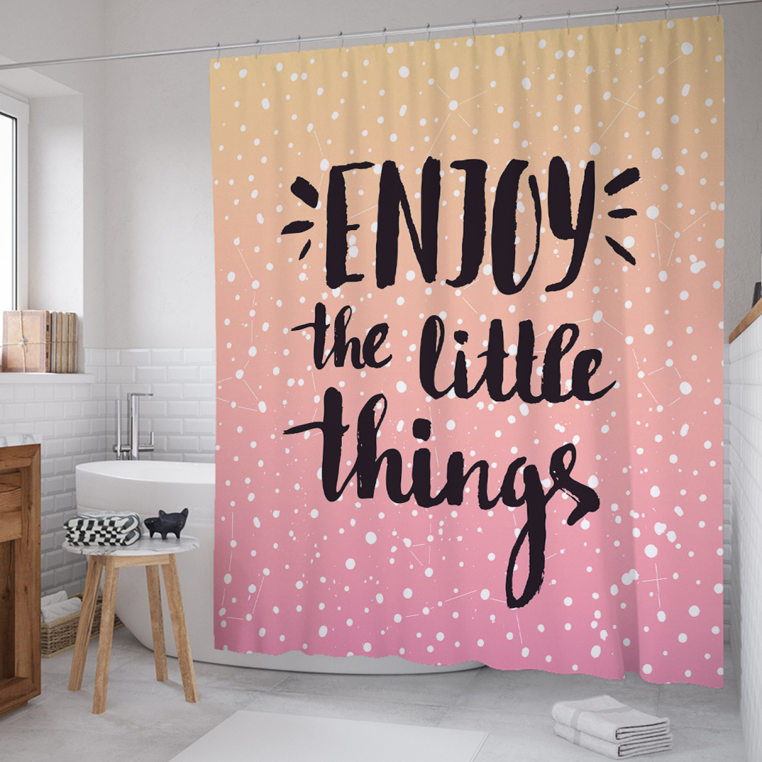 

Штора для ванной JoyArty "Наслаждайся доступным" из сатена, 180х200 см с крючками, Бежевый, Наслаждайся доступным