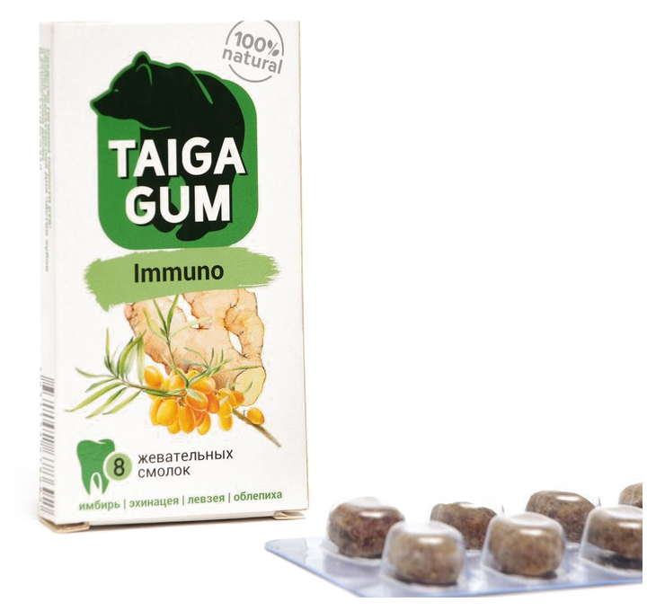 

Смолка для иммунитета Taiga gum, в растительной пудре, без сахара, 8 шт