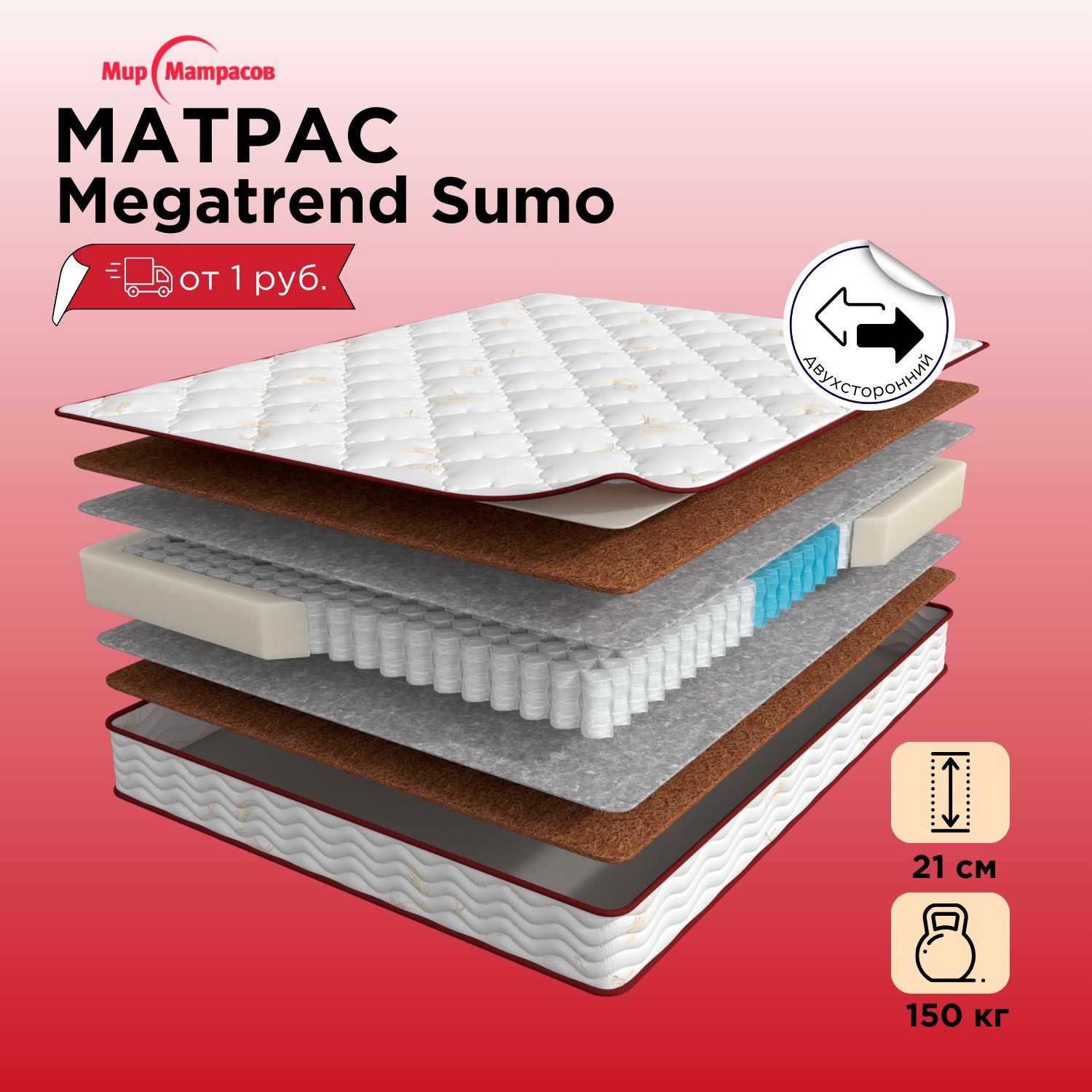 

Ортопедический матрас Мир Матрасов MEGATRSUMO 190*90, Бежевый, MEGATRSUMO