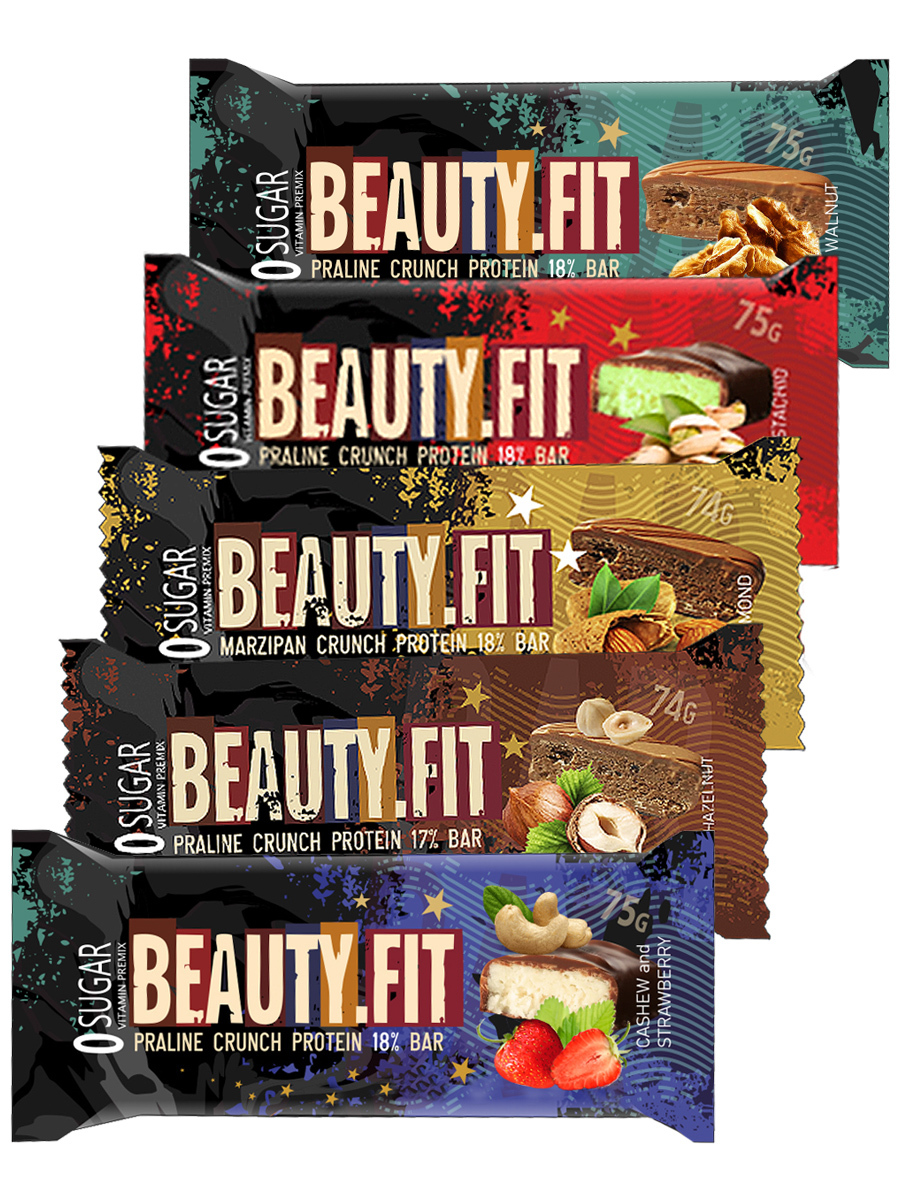 фото Протеиновые батончики beauty fit praline crunch protein 18 % bar, 5шт х 75г ассорти