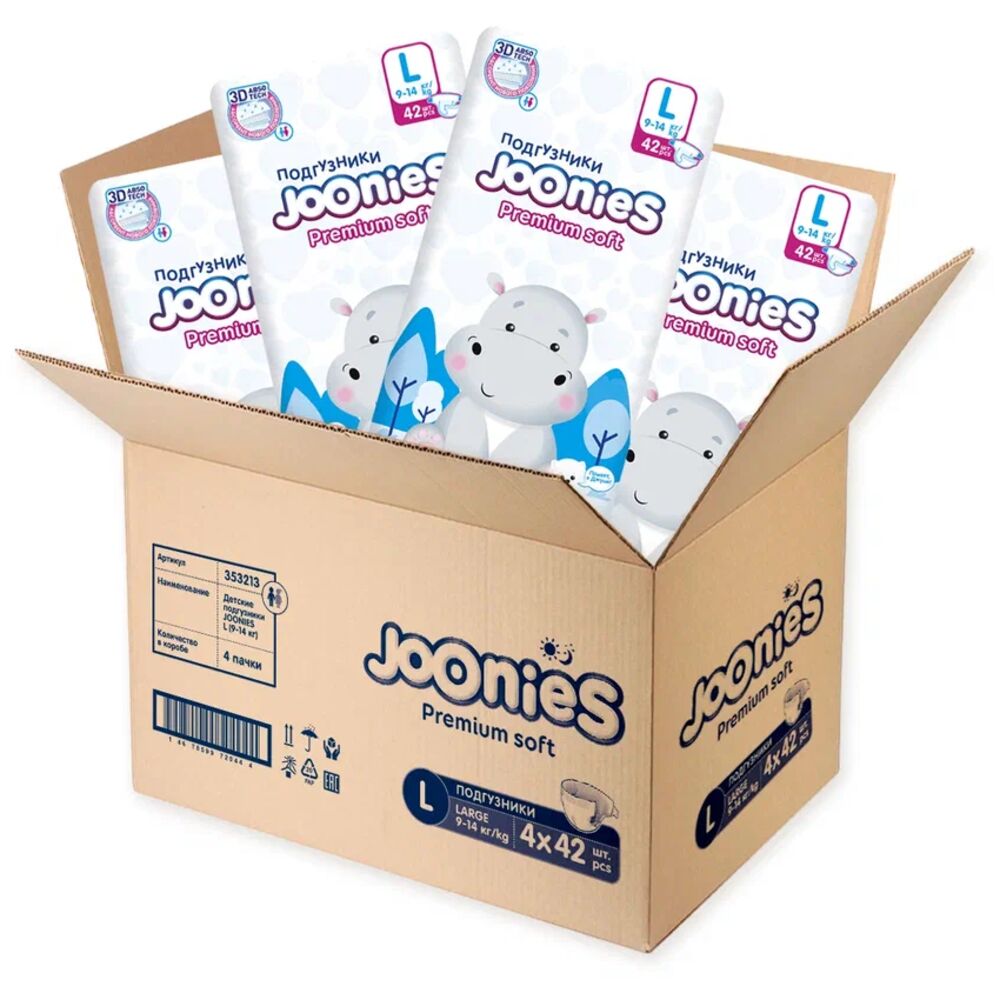 

Подгузники Joonies Premium Soft, L (9-14 кг), 42 шт, 4 упаковки, 953213(4)