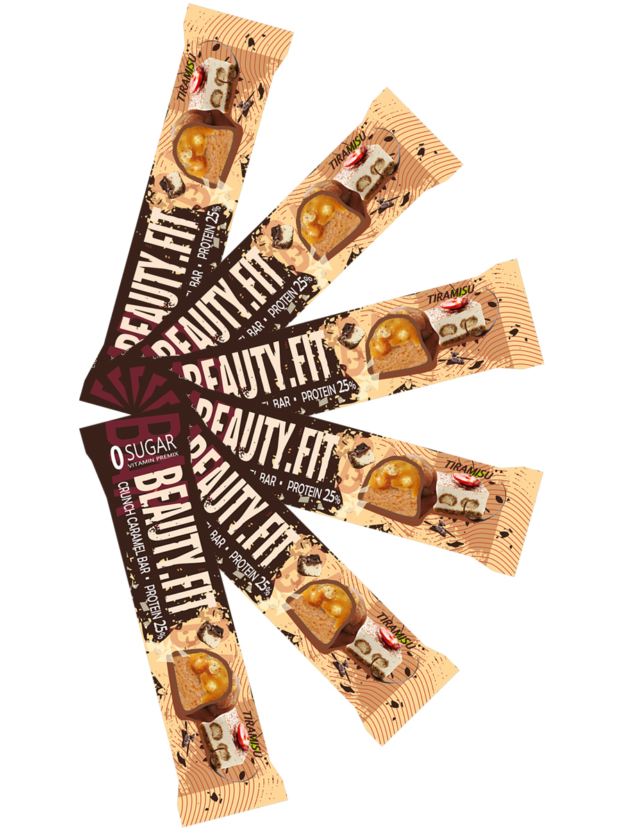 фото Протеиновые батончики кранч beauty fit protein bar 25%, 6х60г (тирамису)/ nuts & caramel