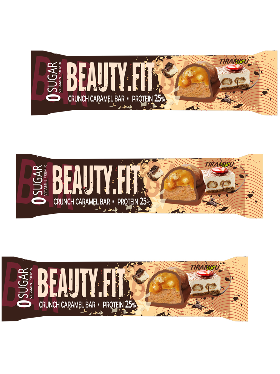 фото Протеиновые батончики кранч beauty fit protein bar 25%, 3х60г (тирамису)/ nuts & caramel