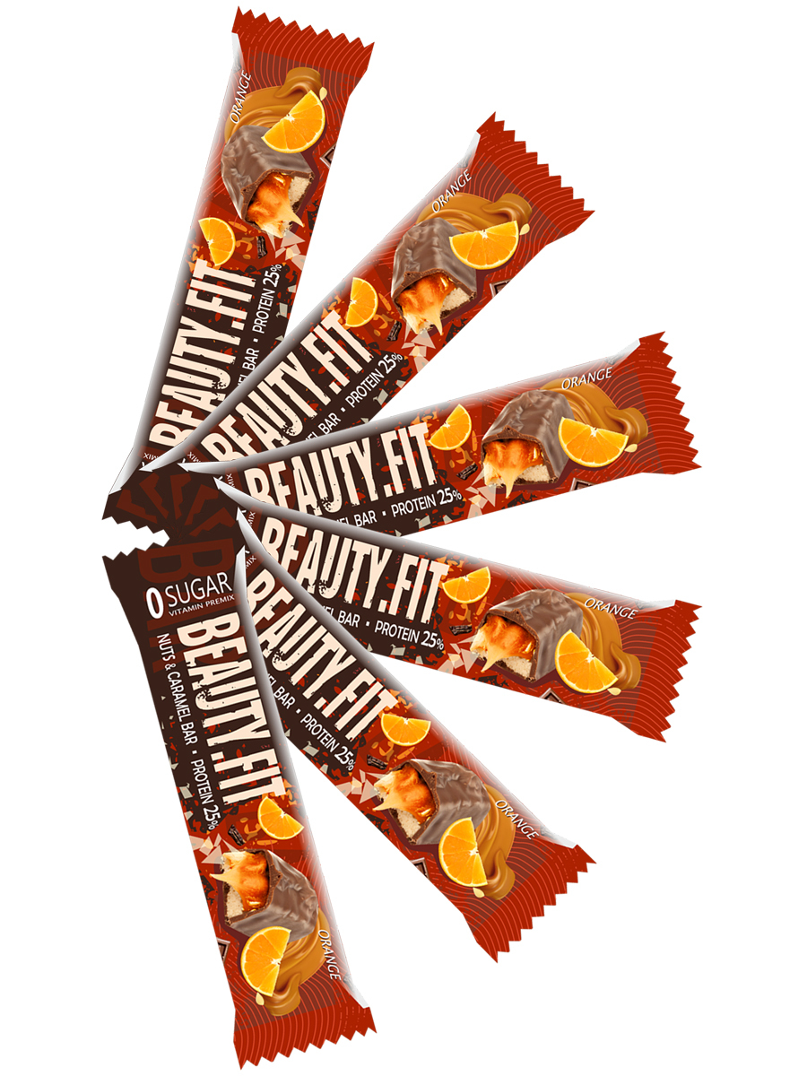 фото Протеиновые батончики кранч beauty fit protein bar 25%, 6х60г (апельсин)/ nuts & caramel