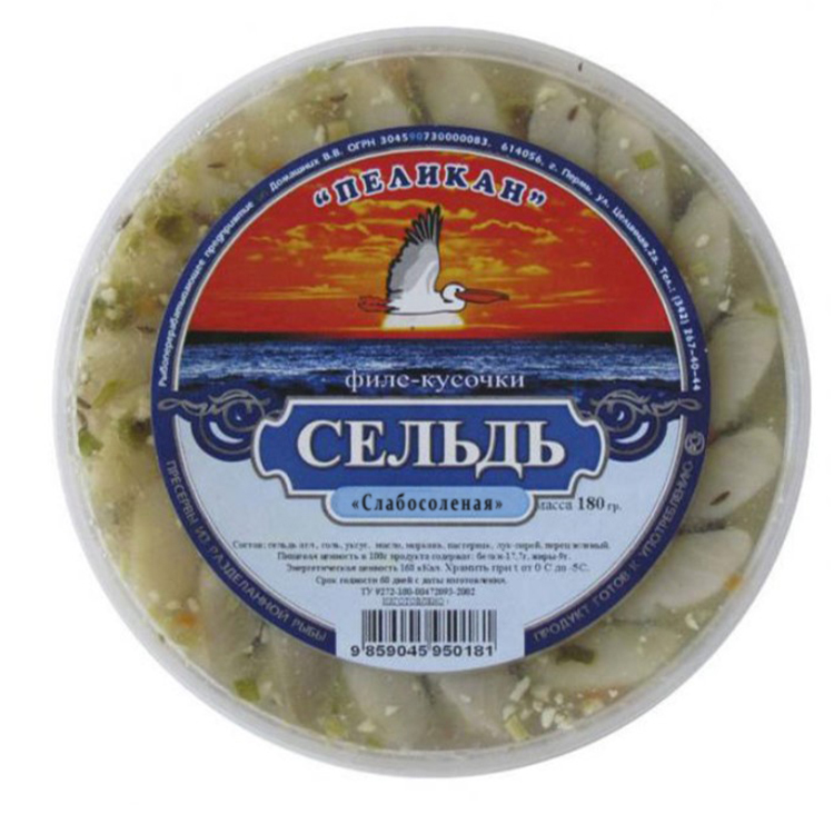 

Сельдь Бухта Пеликанoff слабосоленая кусочки филе 400 г