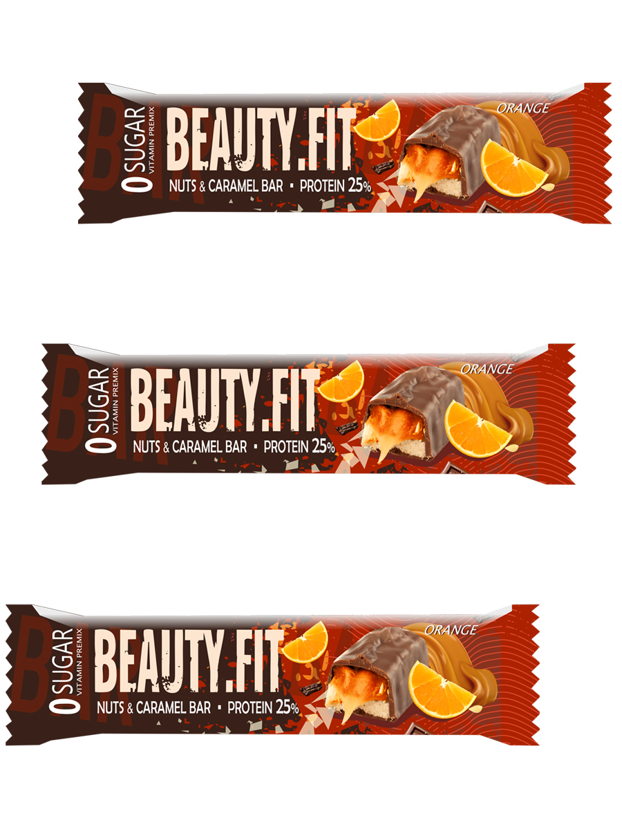 Протеиновые батончики Кранч BEAUTY FIT Protein Bar 25%, 3х60г (Апельсин)/ Nuts & Caramel