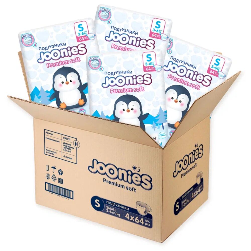 Подгузники JOONIES Premium Soft, S, 3-6 кг, 64 шт, 4 упаковки