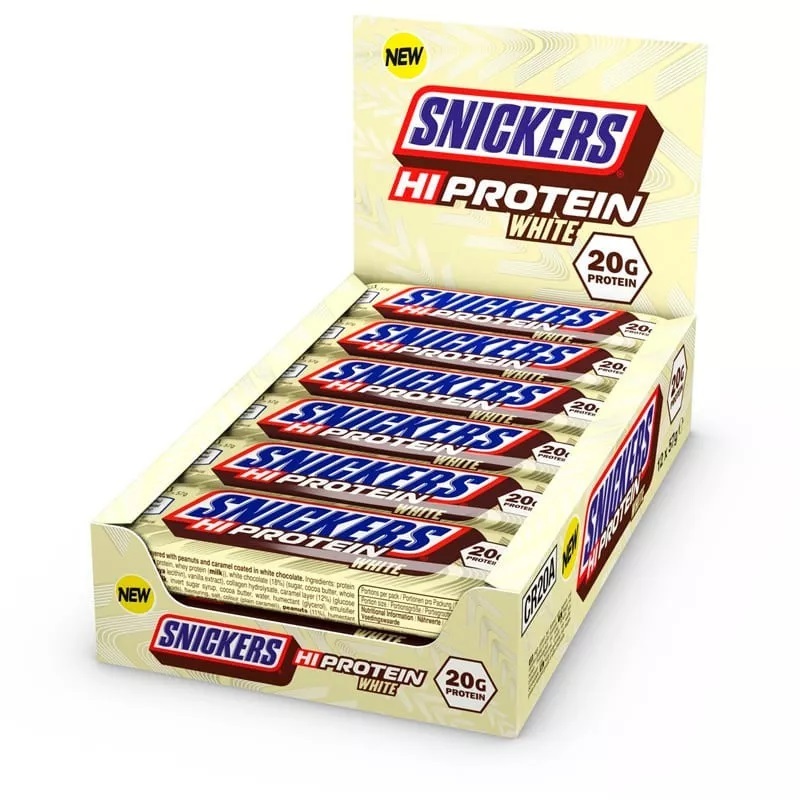 фото Snickers протеиновый батончик в белом шоколаде hi protein white bar 57г х 12шт /20г белка/