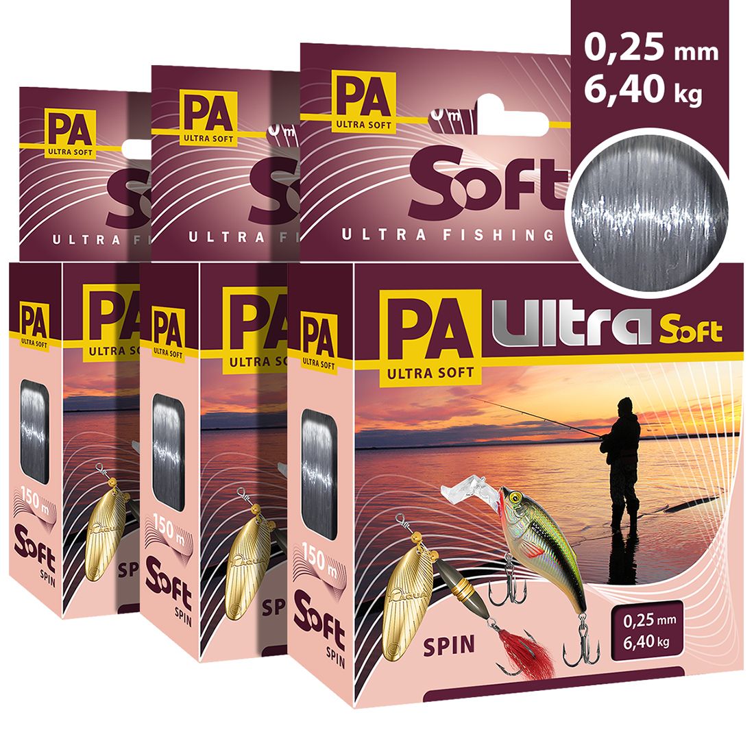 Леска монофильная Aqua Pa Ultra Soft Spin 0,25 мм, 150 м, 6,4 кг, дымчато-серый, 3 шт.