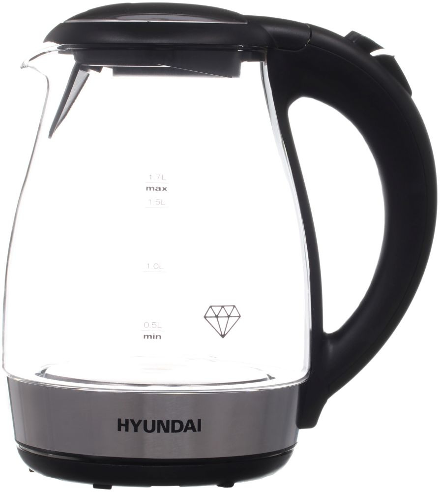 Чайник электрический HYUNDAI HYK-G2030 1.7 л прозрачный, черный, серебристый