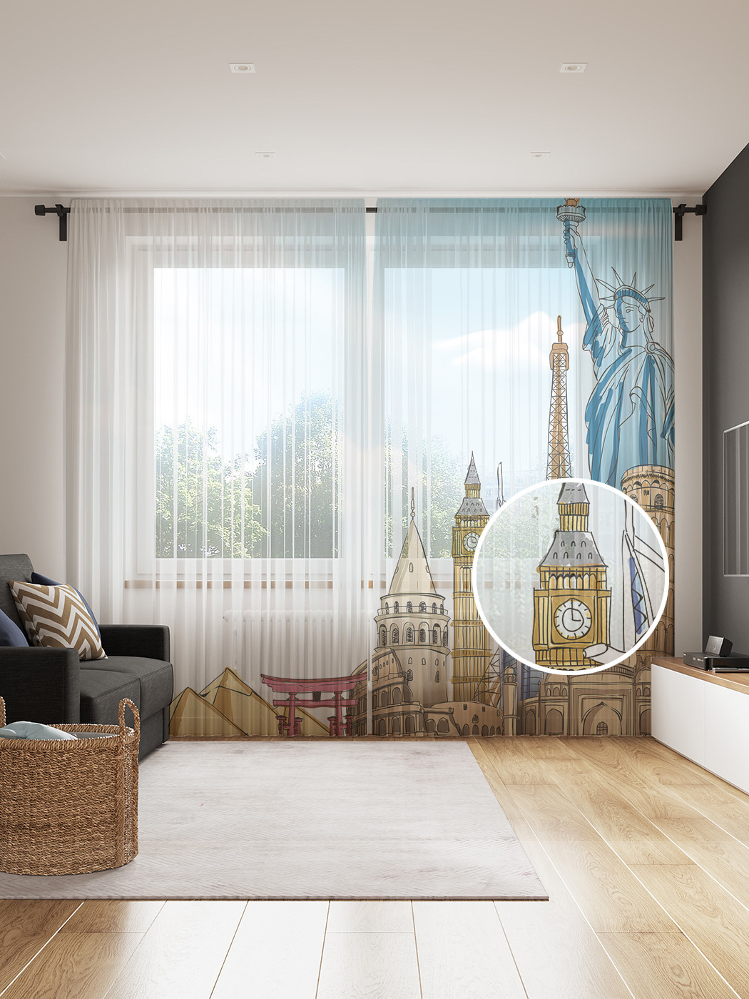 

Фототюль JoyArty "Мировые достопримечательности" 145x265см, 2 полотна, лента, 50 крючков, Мировые достопримечательности