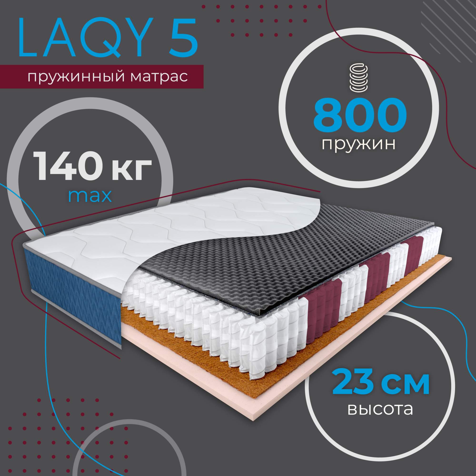 

Матрас пружинный LAQY 5 80х190 см, высота 23 см, Белый;синий, LAQY 5