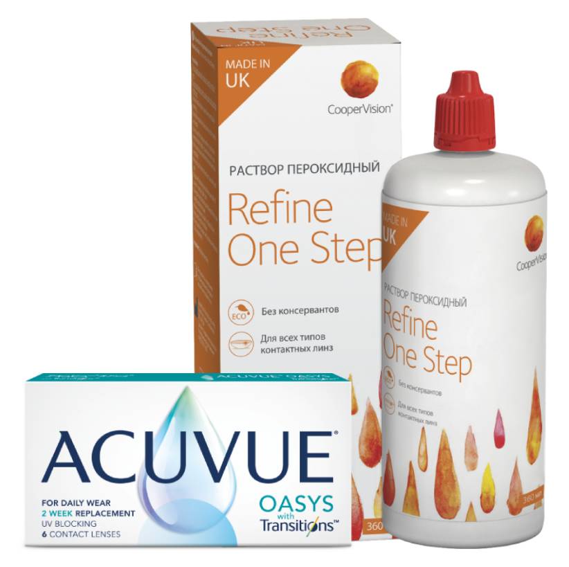 

Набор линзы Acuvue Oasys with transitions 6 линз R 8.4 -8,50 + One Step 360, Oasys with transitions 6 линз + One Step 360 мл